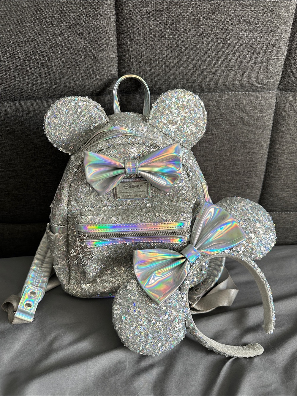 Loungefly Disney Silver Sequin Minnie Ear Mini Backpack with Holographic Bows